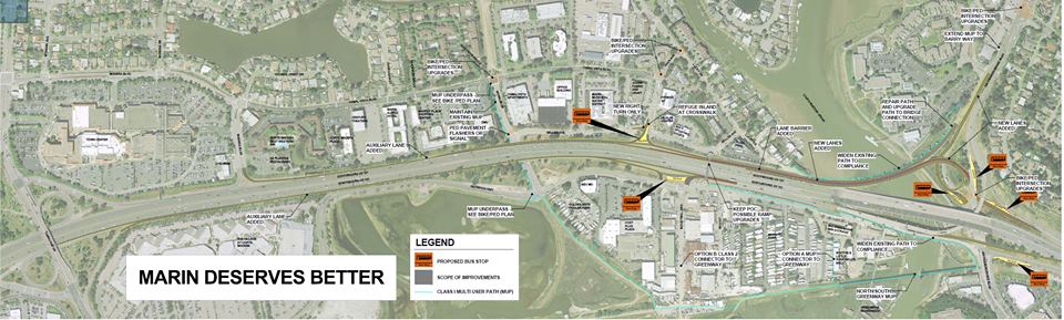 Photo: Map of Greenbrae Interchange as proposed by "Marin Deserves Better" http://www.marindeservesbetter.org/ . To be compared to this flyby http://www.youtube.com/embed/RtaEVbK4gXM . Difference includes no flyover from west-to-south from Francis Drake Blvd  -- instead there is a large loop. Fewer lanes on north bound exit but there is a flyover to the north onramp maybe eliminating any need for traffic lights. Tho both eliminate the southbound Lucky Exit -- this option makes yo go all the way to Madeira -- whereas Tam's is the earlier exit Wornum Dr. http://www.tam.ca.gov/index.aspx?page=195